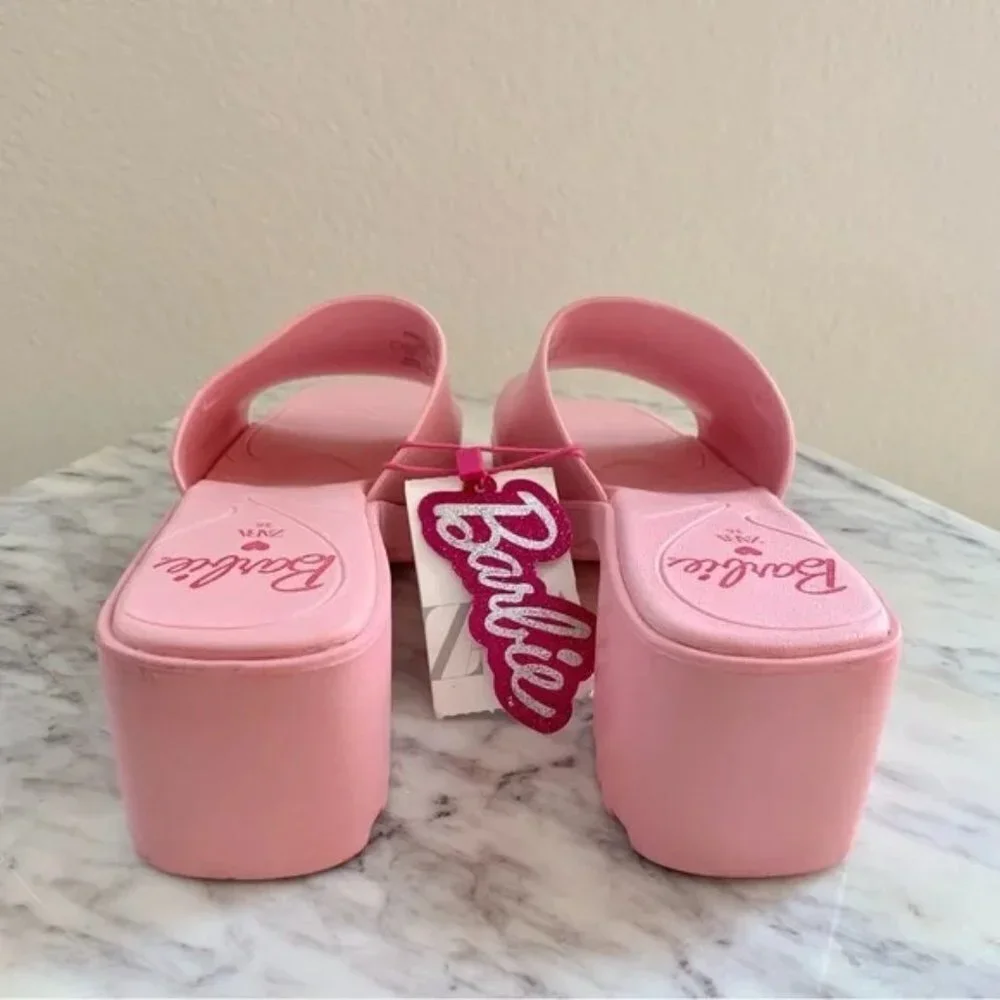 π Barbie x ZARA Pink Rubber Slides Heeled Sandals 6 36 - Picture 6 of 10